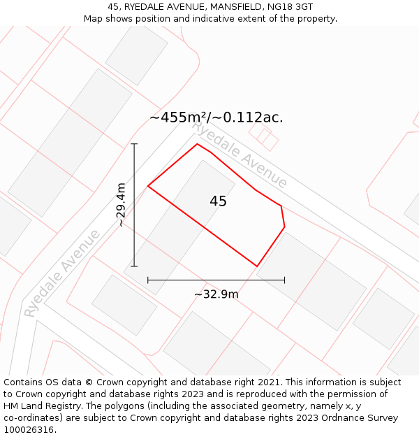 45, RYEDALE AVENUE, MANSFIELD, NG18 3GT: Plot and title map