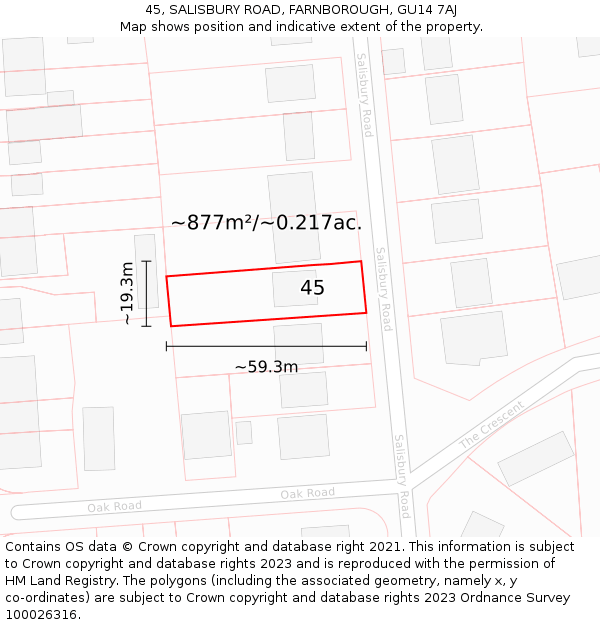 45, SALISBURY ROAD, FARNBOROUGH, GU14 7AJ: Plot and title map