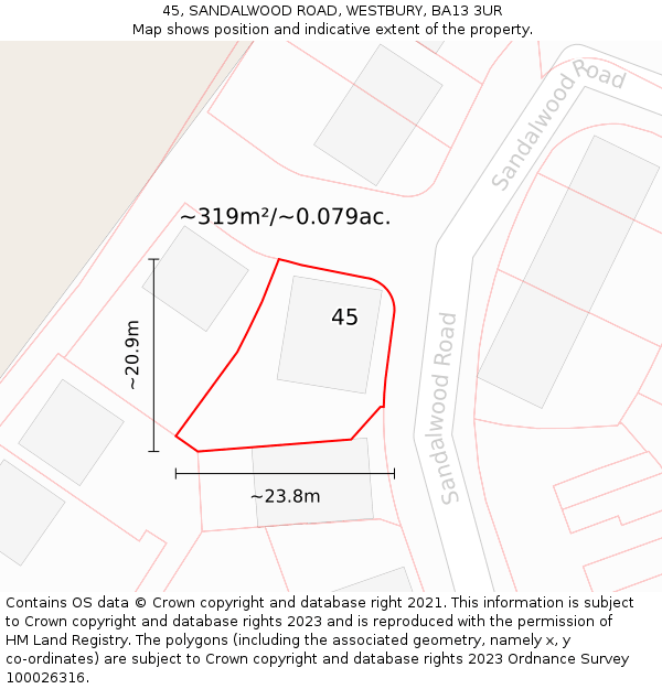 45, SANDALWOOD ROAD, WESTBURY, BA13 3UR: Plot and title map