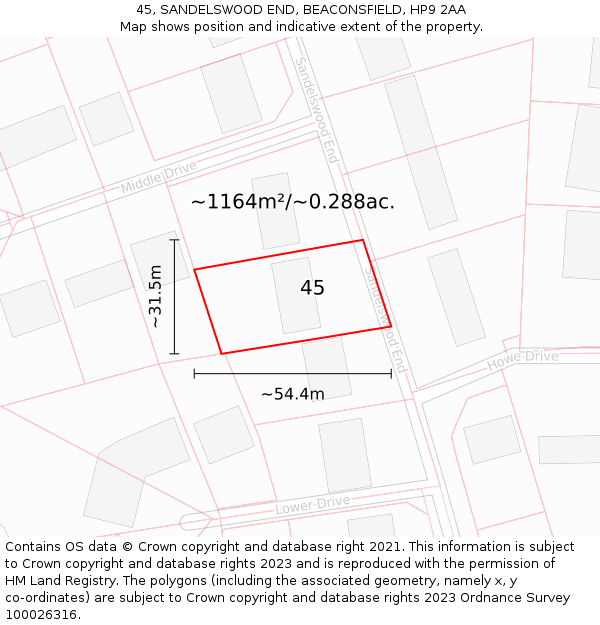 45, SANDELSWOOD END, BEACONSFIELD, HP9 2AA: Plot and title map