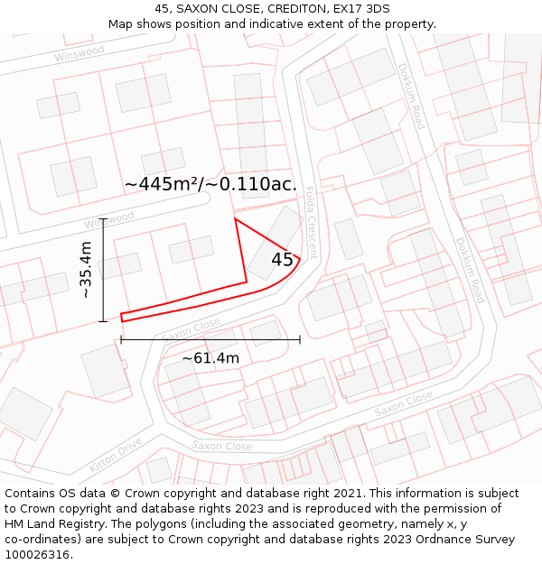 45, SAXON CLOSE, CREDITON, EX17 3DS: Plot and title map