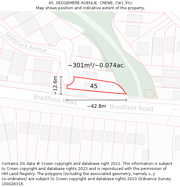 45, SEDGEMERE AVENUE, CREWE, CW1 3YU: Plot and title map