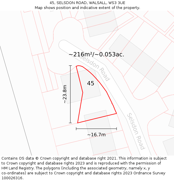 45, SELSDON ROAD, WALSALL, WS3 3UE: Plot and title map