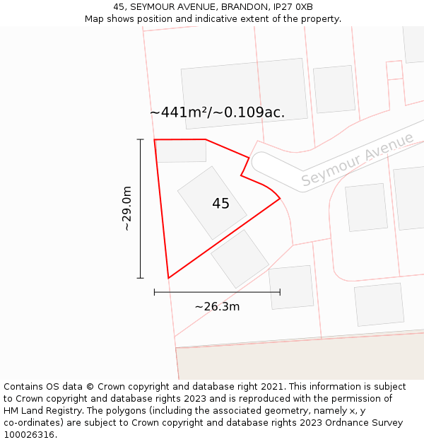 45, SEYMOUR AVENUE, BRANDON, IP27 0XB: Plot and title map
