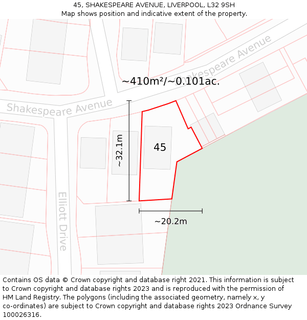 45, SHAKESPEARE AVENUE, LIVERPOOL, L32 9SH: Plot and title map