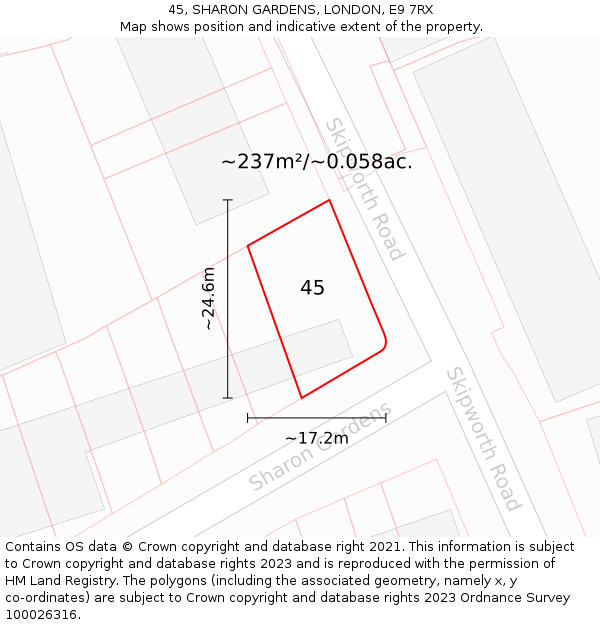 45, SHARON GARDENS, LONDON, E9 7RX: Plot and title map