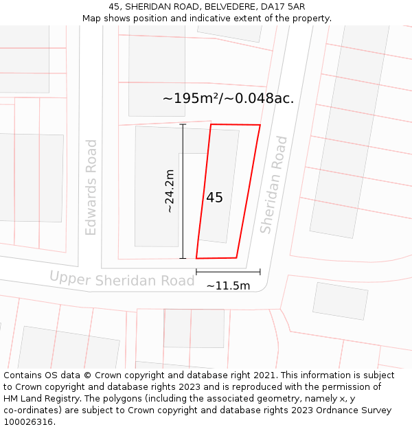 45, SHERIDAN ROAD, BELVEDERE, DA17 5AR: Plot and title map