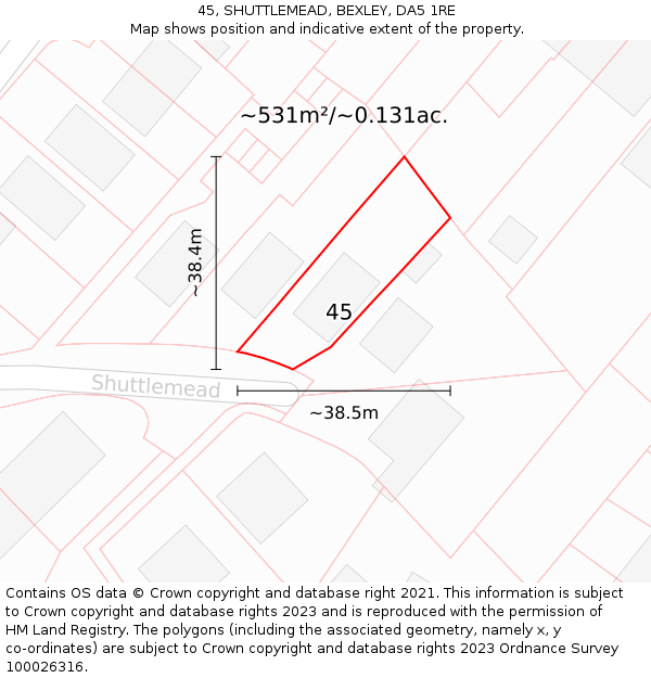 45, SHUTTLEMEAD, BEXLEY, DA5 1RE: Plot and title map