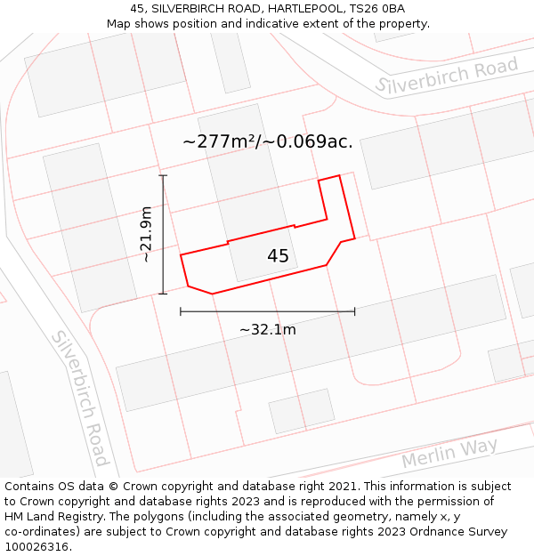 45, SILVERBIRCH ROAD, HARTLEPOOL, TS26 0BA: Plot and title map