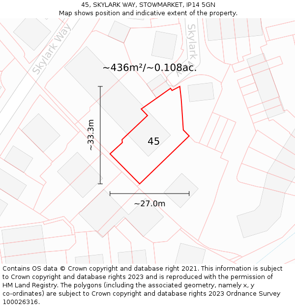 45, SKYLARK WAY, STOWMARKET, IP14 5GN: Plot and title map