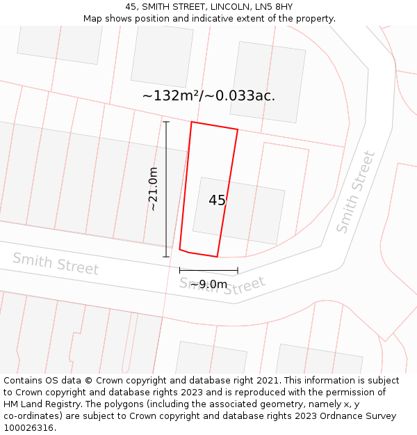 45, SMITH STREET, LINCOLN, LN5 8HY: Plot and title map