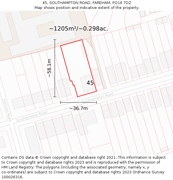 45, SOUTHAMPTON ROAD, FAREHAM, PO16 7DZ: Plot and title map