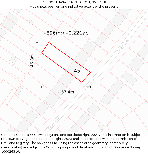 45, SOUTHWAY, CARSHALTON, SM5 4HP: Plot and title map