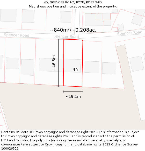 45, SPENCER ROAD, RYDE, PO33 3AD: Plot and title map