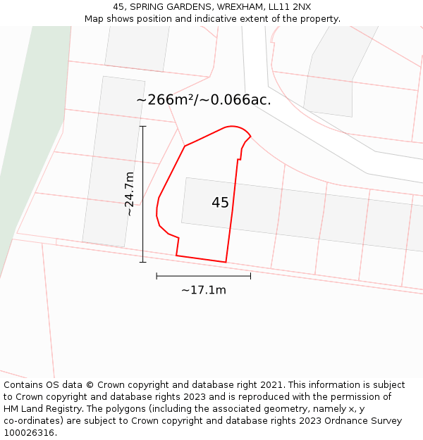 45, SPRING GARDENS, WREXHAM, LL11 2NX: Plot and title map