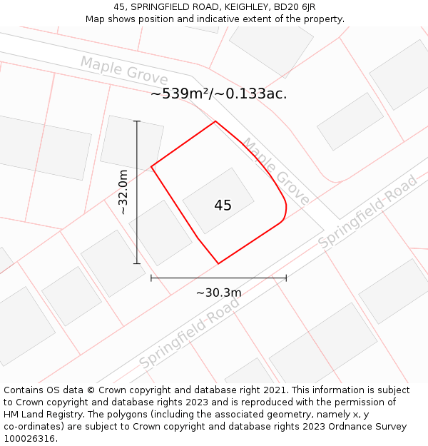 45, SPRINGFIELD ROAD, KEIGHLEY, BD20 6JR: Plot and title map