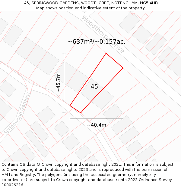 45, SPRINGWOOD GARDENS, WOODTHORPE, NOTTINGHAM, NG5 4HB: Plot and title map