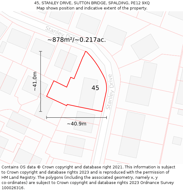 45, STANLEY DRIVE, SUTTON BRIDGE, SPALDING, PE12 9XQ: Plot and title map