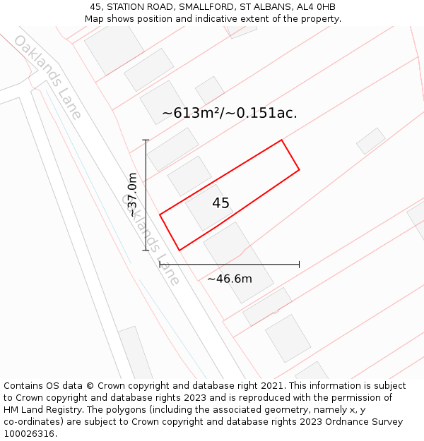 45, STATION ROAD, SMALLFORD, ST ALBANS, AL4 0HB: Plot and title map