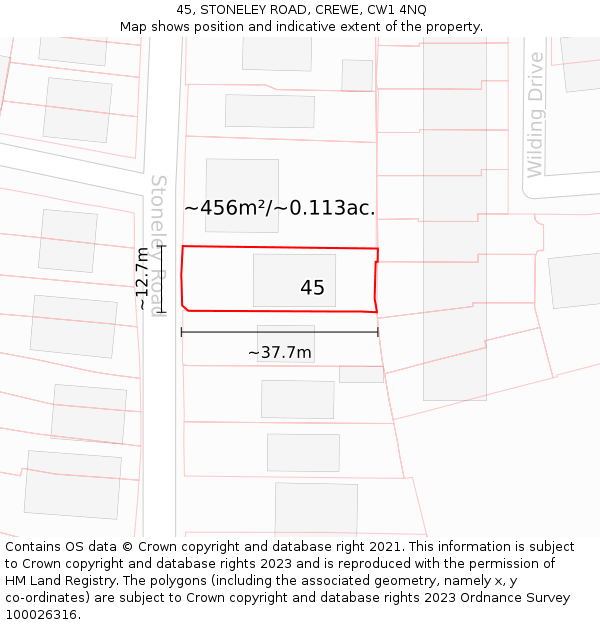 45, STONELEY ROAD, CREWE, CW1 4NQ: Plot and title map