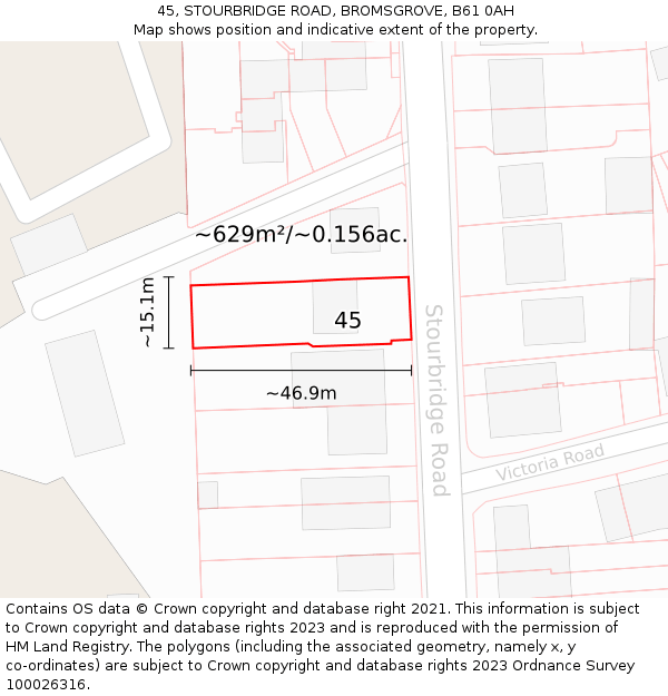 45, STOURBRIDGE ROAD, BROMSGROVE, B61 0AH: Plot and title map