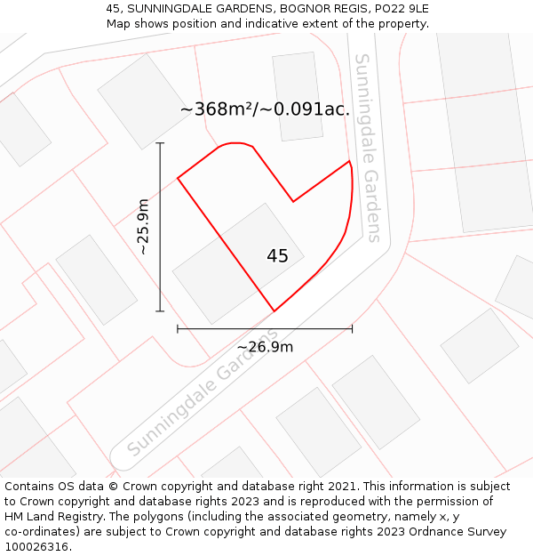 45, SUNNINGDALE GARDENS, BOGNOR REGIS, PO22 9LE: Plot and title map