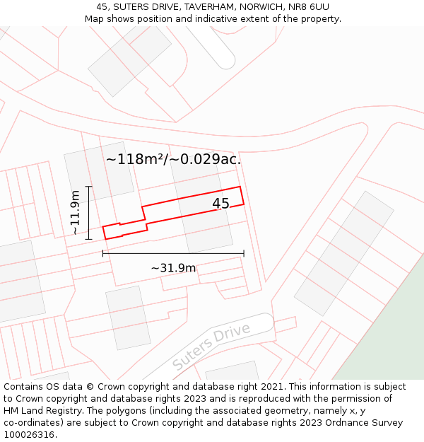 45, SUTERS DRIVE, TAVERHAM, NORWICH, NR8 6UU: Plot and title map