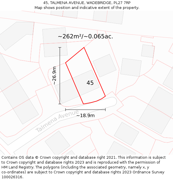 45, TALMENA AVENUE, WADEBRIDGE, PL27 7RP: Plot and title map