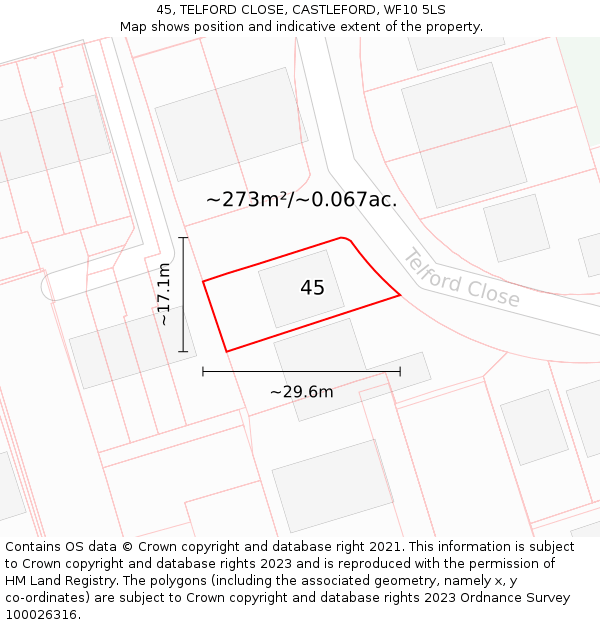 45, TELFORD CLOSE, CASTLEFORD, WF10 5LS: Plot and title map