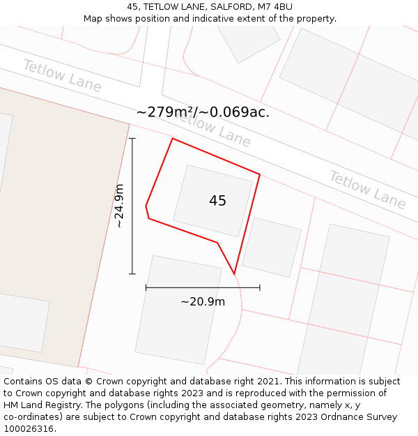 45, TETLOW LANE, SALFORD, M7 4BU: Plot and title map