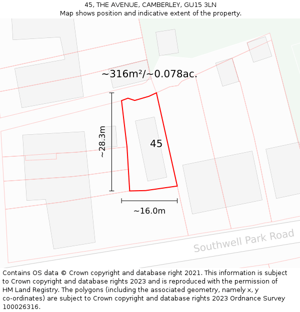 45, THE AVENUE, CAMBERLEY, GU15 3LN: Plot and title map