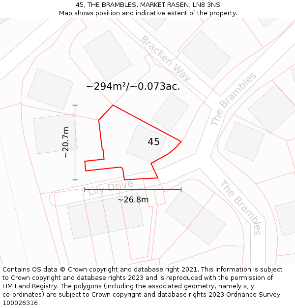 45, THE BRAMBLES, MARKET RASEN, LN8 3NS: Plot and title map