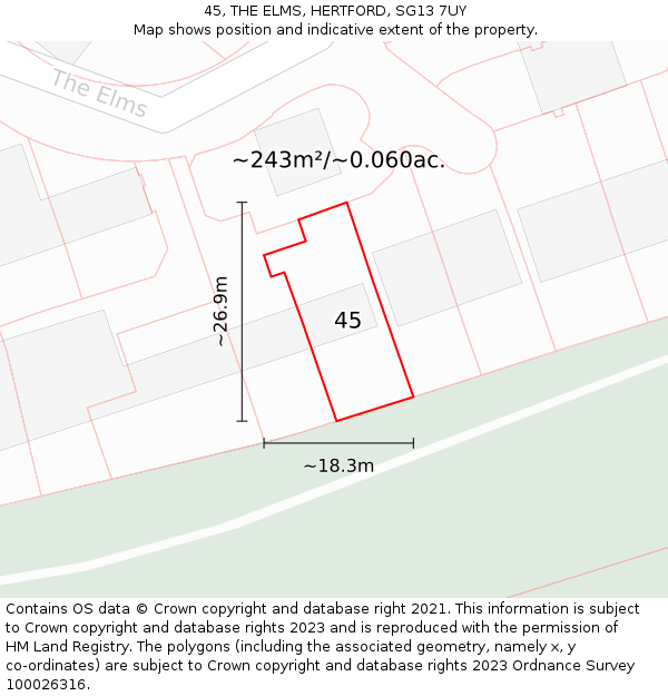 45, THE ELMS, HERTFORD, SG13 7UY: Plot and title map