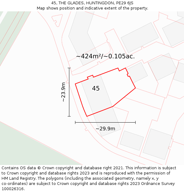 45, THE GLADES, HUNTINGDON, PE29 6JS: Plot and title map