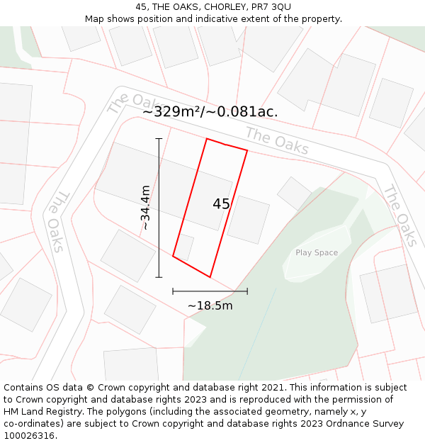 45, THE OAKS, CHORLEY, PR7 3QU: Plot and title map