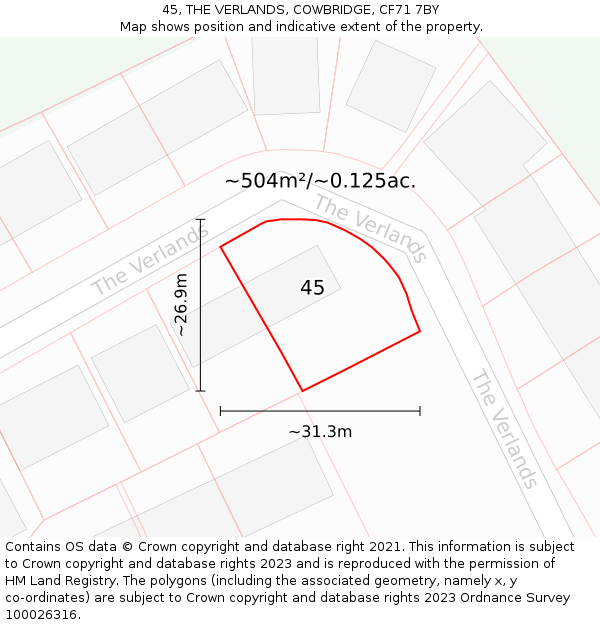 45, THE VERLANDS, COWBRIDGE, CF71 7BY: Plot and title map