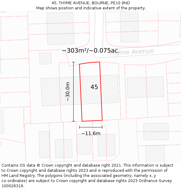 45, THYME AVENUE, BOURNE, PE10 9ND: Plot and title map