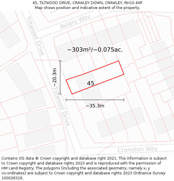 45, TILTWOOD DRIVE, CRAWLEY DOWN, CRAWLEY, RH10 4XP: Plot and title map