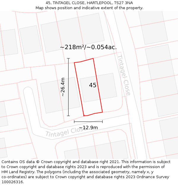 45, TINTAGEL CLOSE, HARTLEPOOL, TS27 3NA: Plot and title map