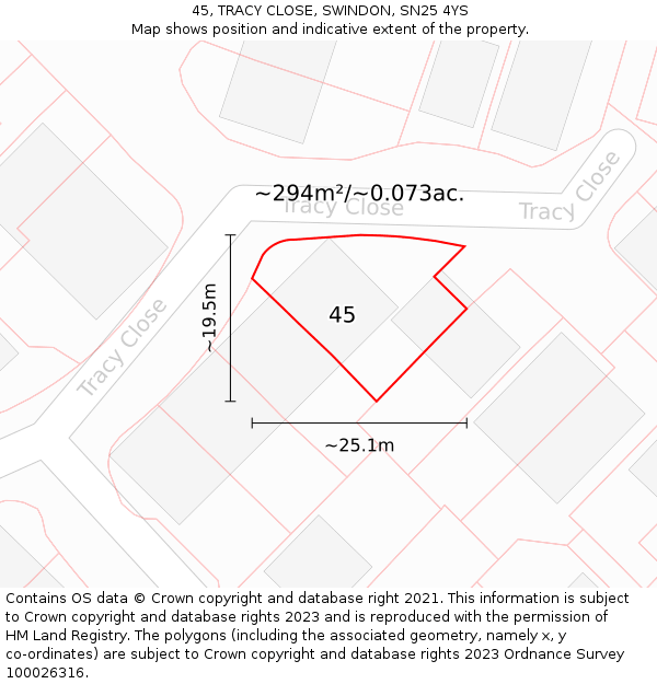 45, TRACY CLOSE, SWINDON, SN25 4YS: Plot and title map