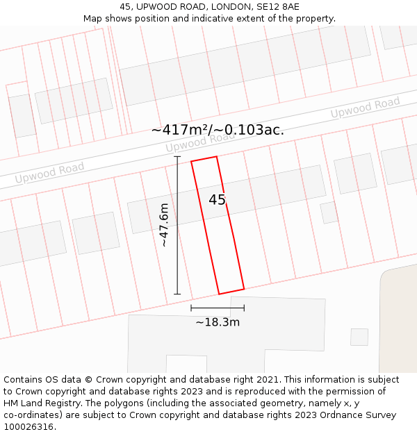 45, UPWOOD ROAD, LONDON, SE12 8AE: Plot and title map