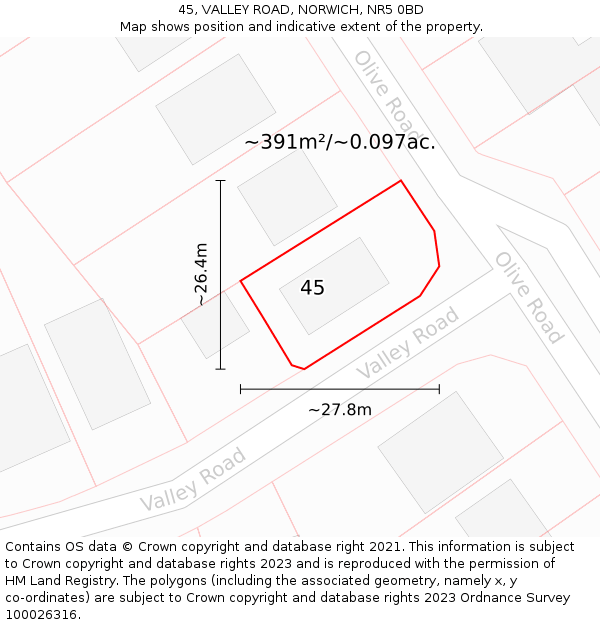 45, VALLEY ROAD, NORWICH, NR5 0BD: Plot and title map