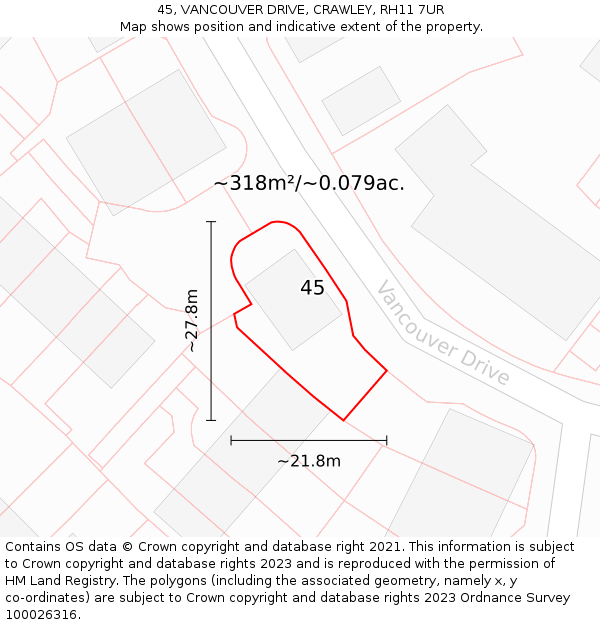 45, VANCOUVER DRIVE, CRAWLEY, RH11 7UR: Plot and title map