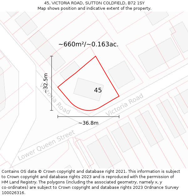 45, VICTORIA ROAD, SUTTON COLDFIELD, B72 1SY: Plot and title map