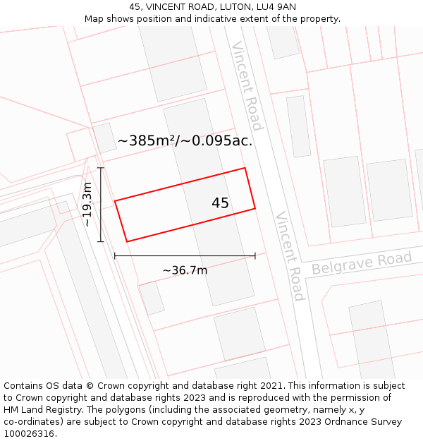 45, VINCENT ROAD, LUTON, LU4 9AN: Plot and title map