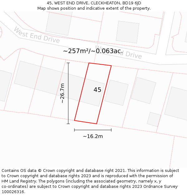 45, WEST END DRIVE, CLECKHEATON, BD19 6JD: Plot and title map