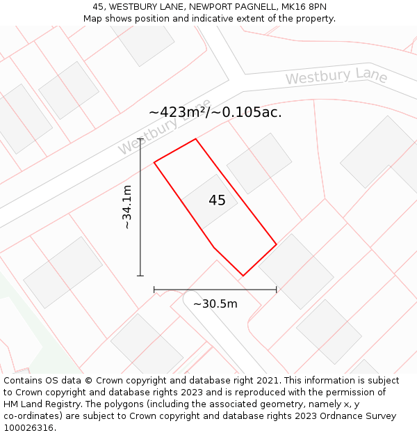 45, WESTBURY LANE, NEWPORT PAGNELL, MK16 8PN: Plot and title map