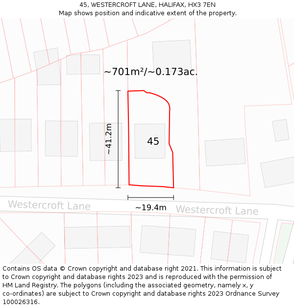 45, WESTERCROFT LANE, HALIFAX, HX3 7EN: Plot and title map
