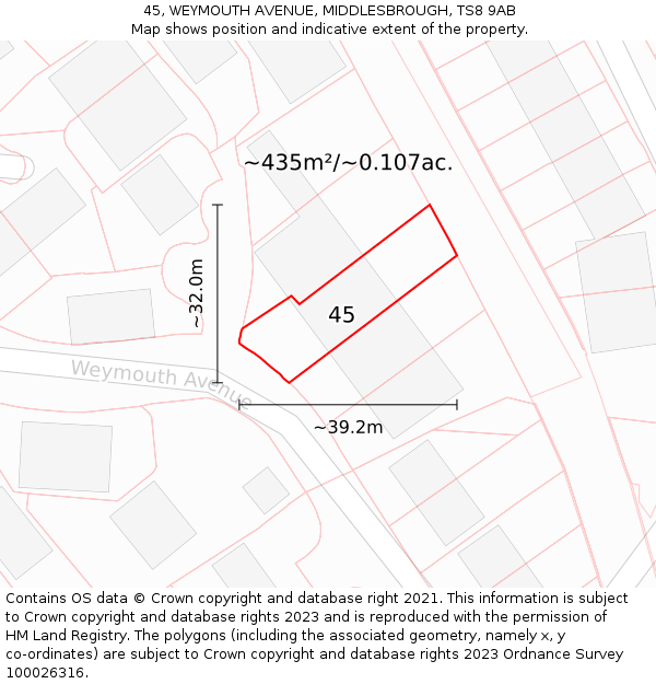 45, WEYMOUTH AVENUE, MIDDLESBROUGH, TS8 9AB: Plot and title map