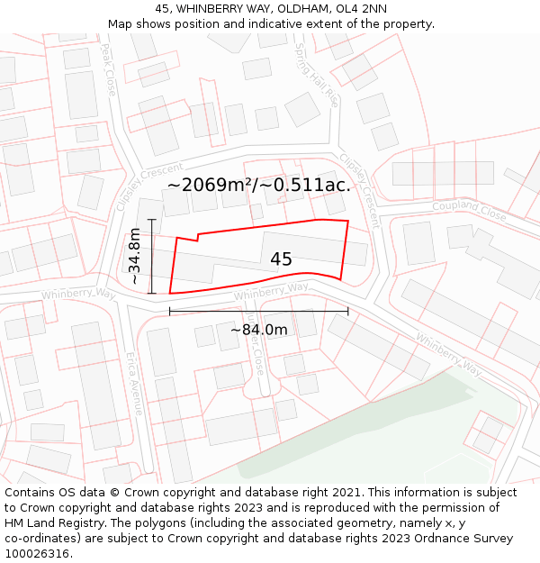 45, WHINBERRY WAY, OLDHAM, OL4 2NN: Plot and title map